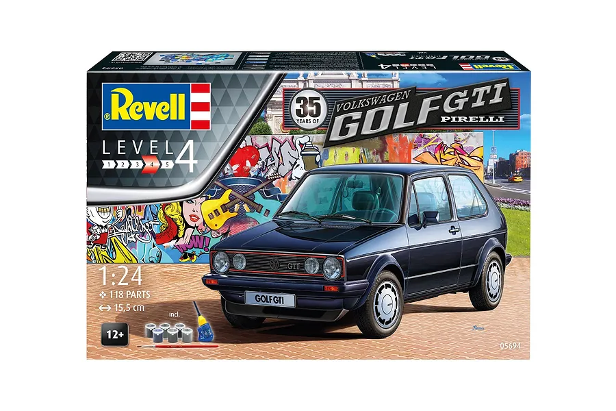 Revell 1/24 scale 1983 VW Golf GTI Pirelli 35th Anniversary model kit box showing a dark blue model car in front of a graffiti wall.