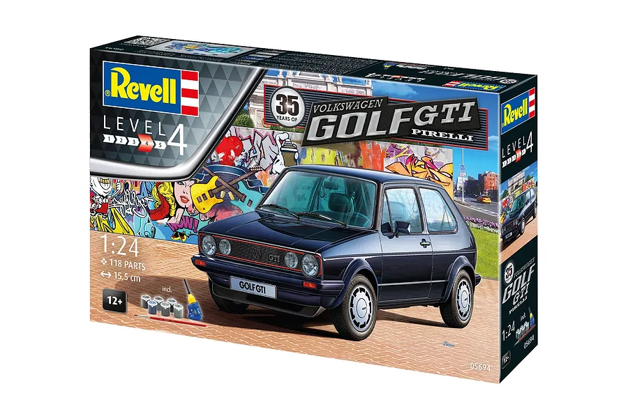 Revell 1/24 scale 1983 VW Golf GTI Pirelli 35th Anniversary model kit box showing a dark blue car against a graffiti wall background.