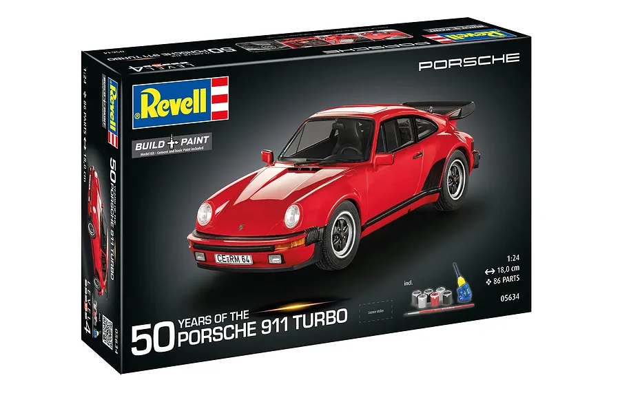 Revell 1/24 scale 1975 Porsche 911 Turbo 50th Anniversary model kit box showing a red Porsche 911 on a black background.
