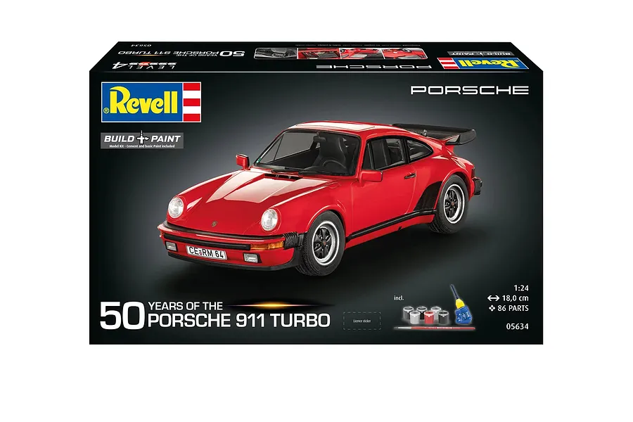 Revell 1/24 scale 1975 Porsche 911 Turbo 50th Anniversary model kit box showing a red sports car model.