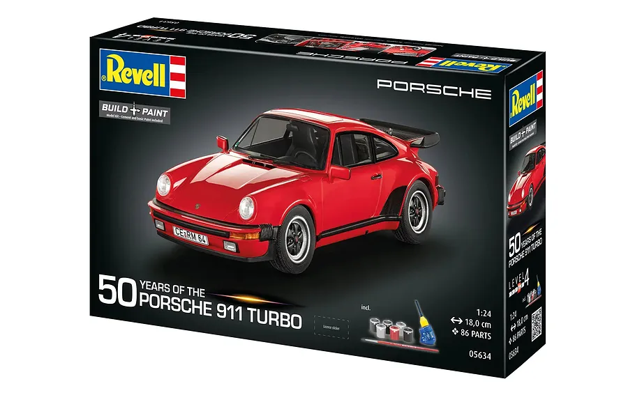 Revell 1/24 scale 1975 Porsche 911 Turbo 50th Anniversary model kit box showing a red car model, paints, glue, and brush.