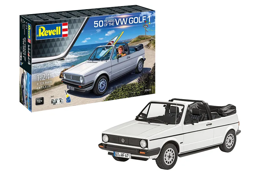Revell 1/24 scale 1974 VW Golf 1 model kit box and a fully assembled white convertible model car.