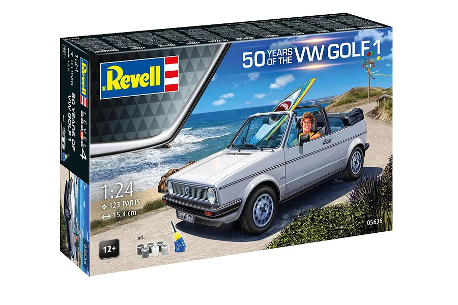 Revell 1/24 scale 1974 VW Golf 1 model kit box featuring an illustration of a silver convertible VW Golf on a coastal road with a surfboard.