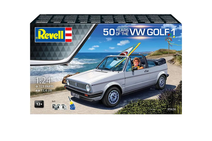 Revell 1/24 scale 1974 VW Golf 1 model kit box art featuring a silver convertible VW Golf with a surfboard on a coastal road.