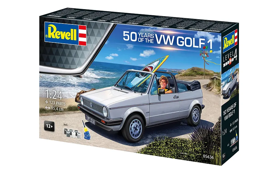 Revell 1/24 scale 1974 VW Golf 1 model kit box featuring artwork of a silver convertible VW Golf with a surfboard on a coastal road.
