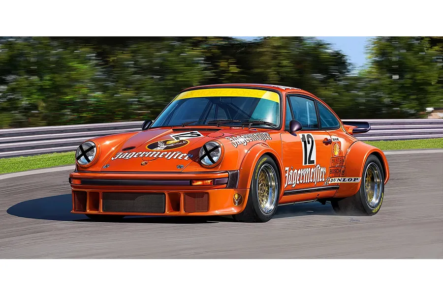 An artistic illustration of an orange Porsche 934 RSR Jägermeister race car with number 12, driving on a track with a motion-blurred background.