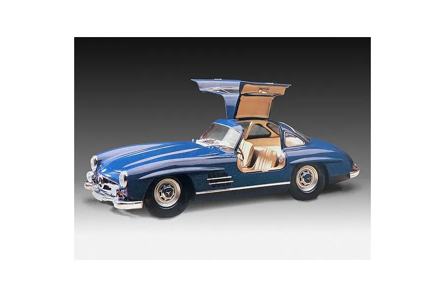 A completed 1/24 scale model of a blue Mercedes-Benz 300 SL with gullwing doors open, displayed against a gradient background.