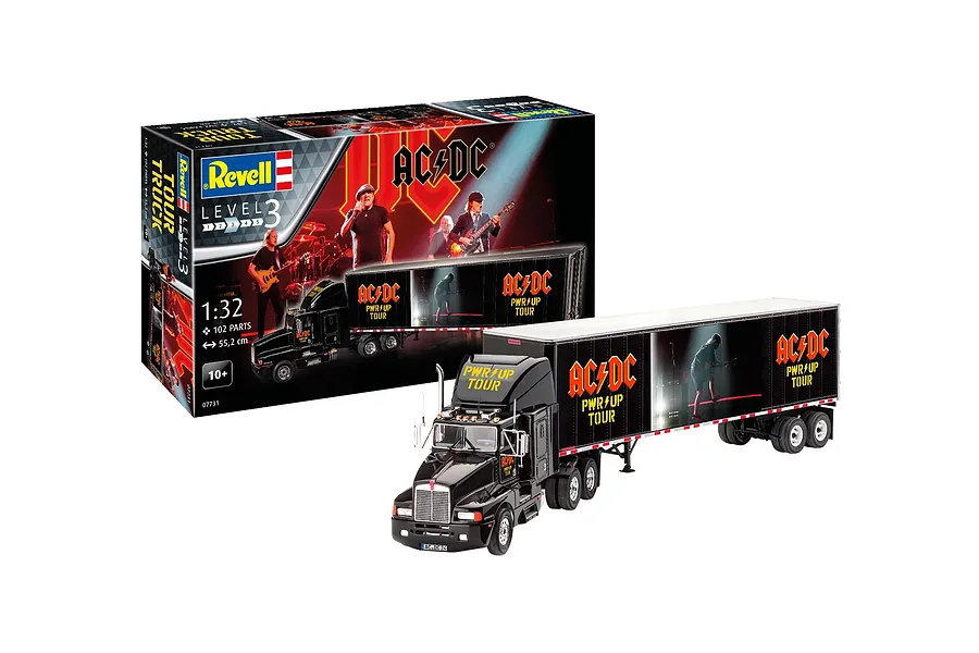 Revell 1/32 scale AC/DC Power Up Tour truck model kit shown with its finished model and packaging box.