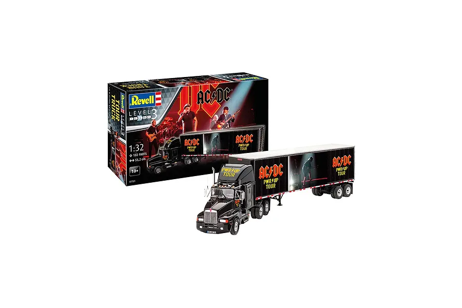 A Revell 1/32 scale AC/DC Power Up Tour truck model kit, showing the completed black semi-truck and its branded packaging box.