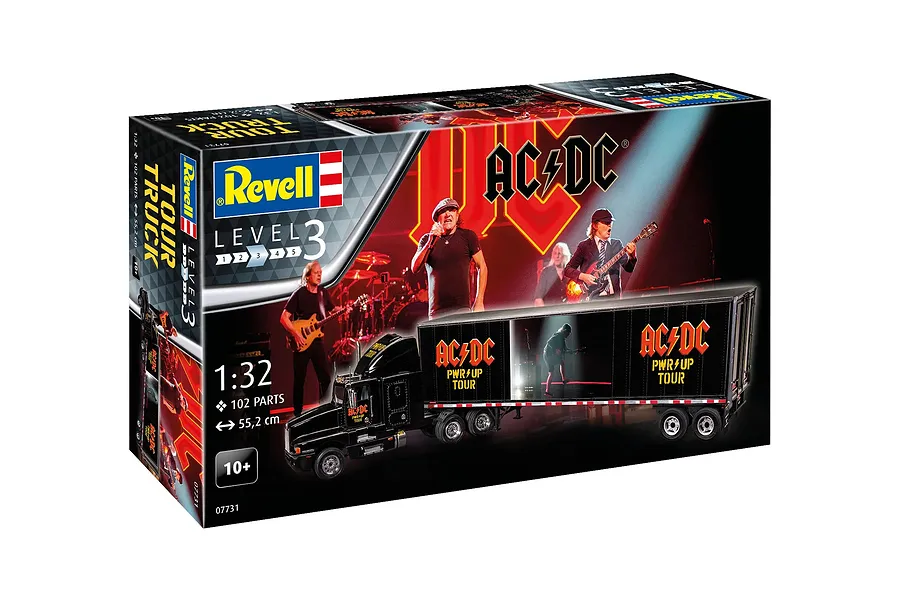 Revell 1/32 scale AC/DC Power Up Tour Truck model kit box showing the finished black semi-truck with band branding.