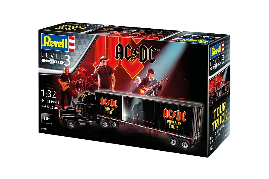 Revell 1/32 scale AC/DC Power Up Tour Truck plastic model kit box showing the assembled truck model against a concert stage background.