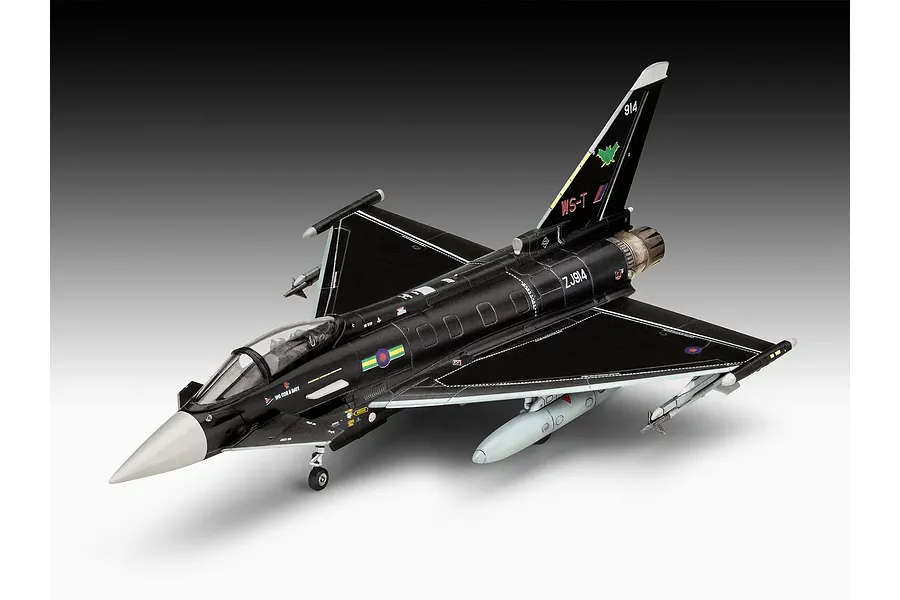 A completed 1/144 scale plastic model of a black RAF Eurofighter Typhoon fighter jet, displayed against a gradient grey background.
