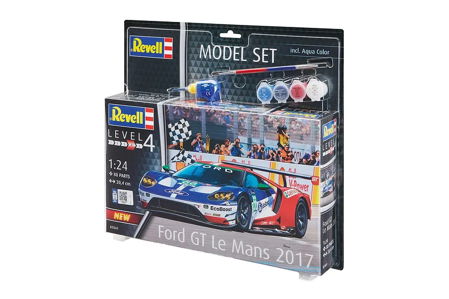 Revell 1/24 scale Ford GT Le Mans 2017 plastic model starter kit in blister packaging with included paint, glue, and brush.