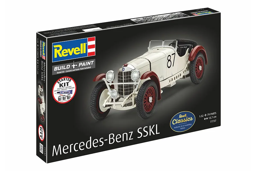 Revell 1/32 scale Mercedes-Benz SSKL model car starter kit box showing the assembled white and red vintage race car.