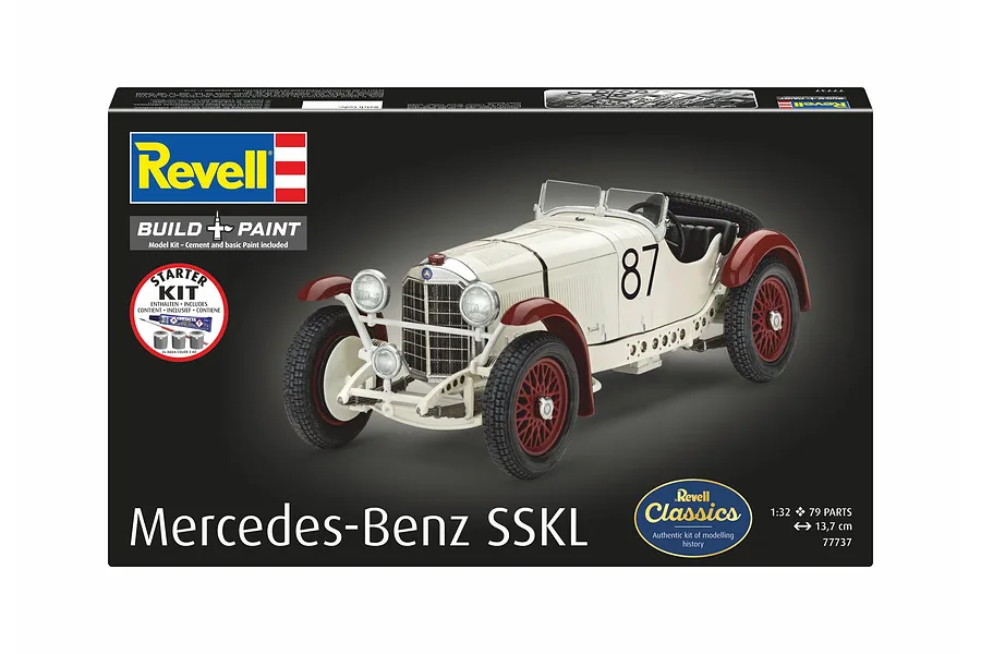 Revell 1/32 scale Mercedes-Benz SSKL model kit packaging showing a finished white and red vintage race car model.