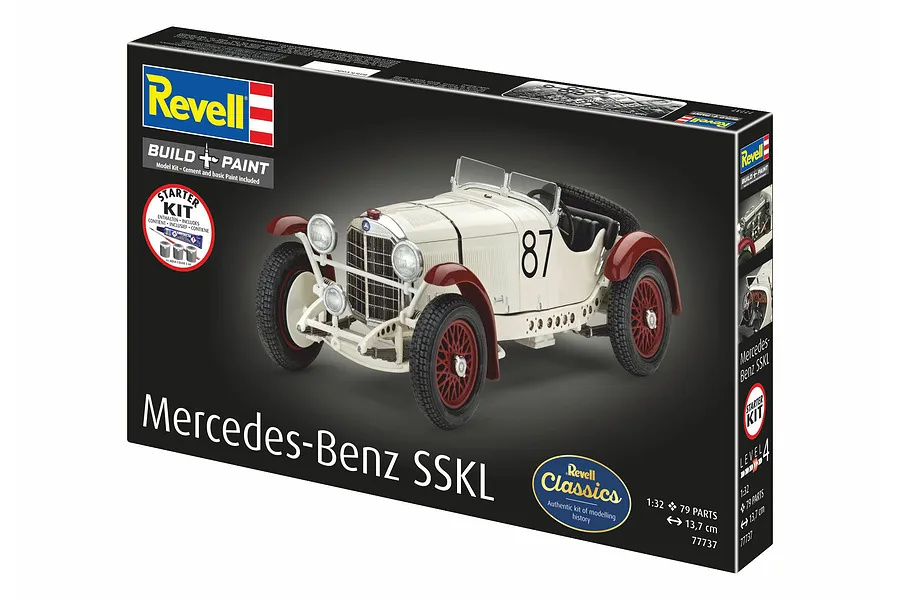 Revell 1/32 scale Mercedes-Benz SSKL model car starter kit box, featuring a white and red vintage race car illustration.
