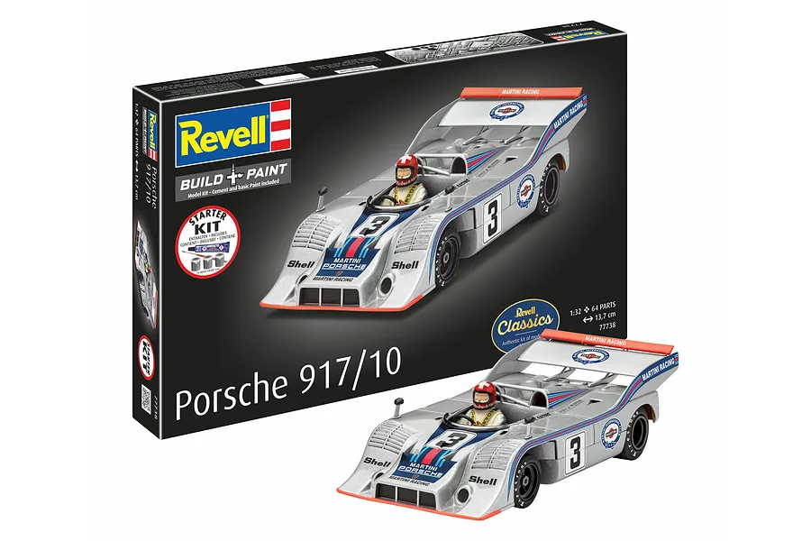 Revell 1/32 scale Porsche 917/10 Martini Racing plastic model kit box and a fully assembled and painted model car.