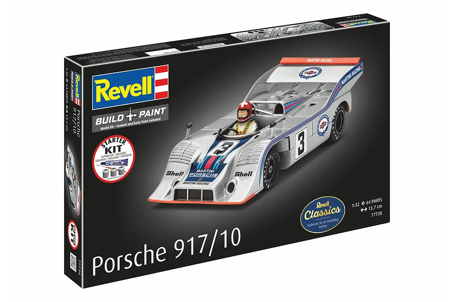 Revell 1/32 scale Porsche 917/10 Martini Racing plastic model starter kit box showing the finished car model.