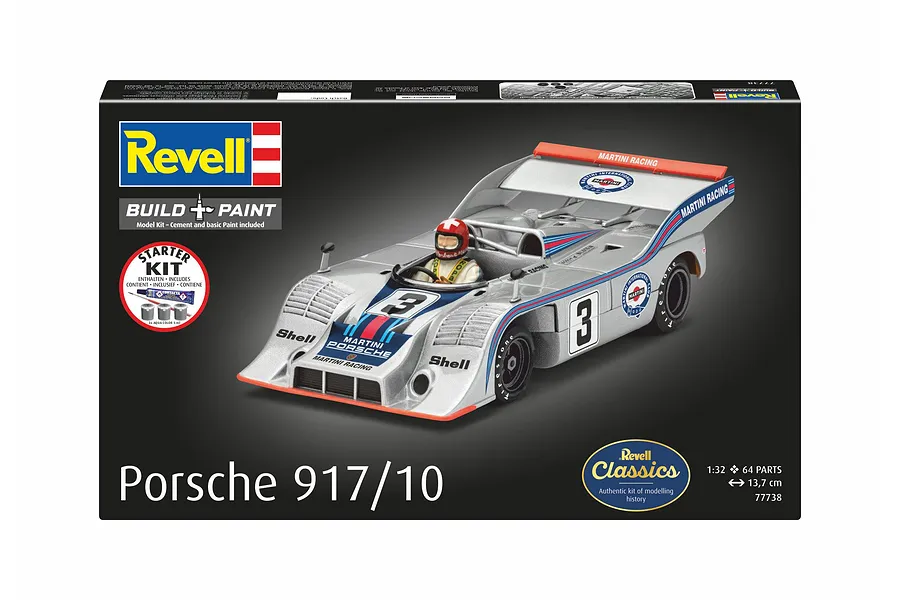 Revell 1/32 scale Porsche 917/10 Martini model car starter kit box showing the finished model with racing livery.