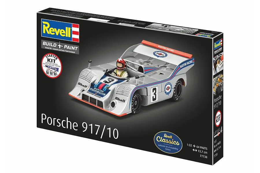 Revell 1/32 scale Porsche 917/10 Martini Racing plastic model starter kit box, featuring a silver race car with Martini livery.