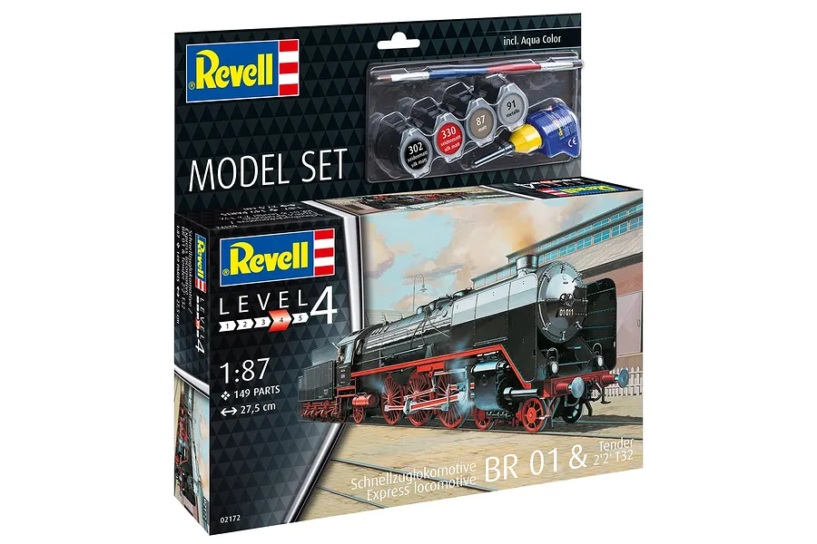 Revell 1/87 scale Express Locomotive BR01 &amp; Tender model kit box, including paints, brush, and glue.