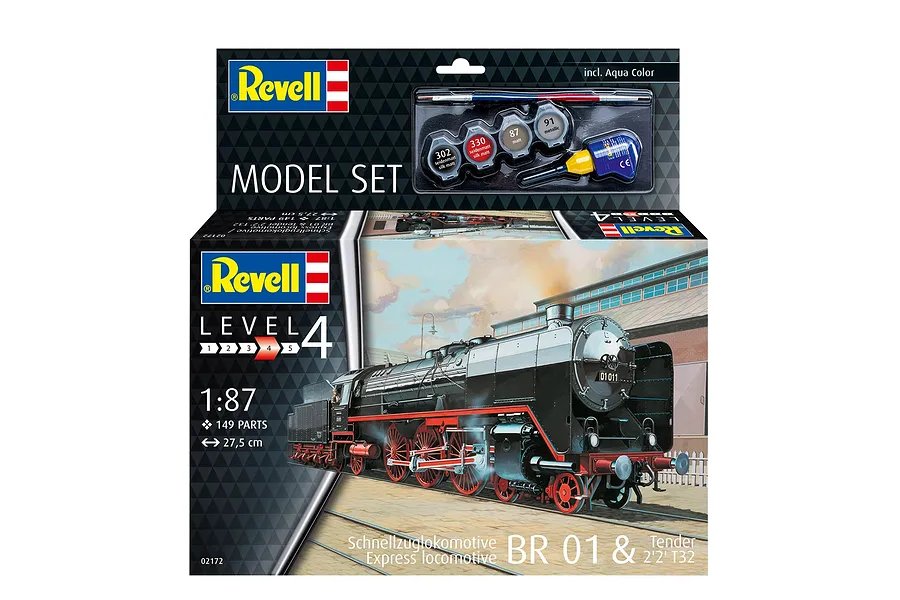 Revell 1/87 scale Express Locomotive BR01 &amp; Tender model kit box, featuring a steam train illustration, paint pots, glue, and a brush.