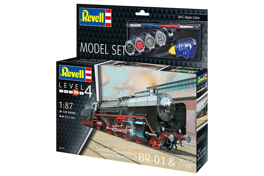 Revell 1/87 scale Express Locomotive BR01 &amp; Tender model kit box showing the finished train, paints, and brush.