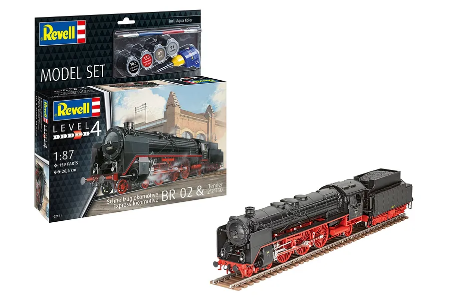 Revell 1/87 scale BR02 express train locomotive model kit with box, paints, glue, and brush, showing the assembled model on tracks.