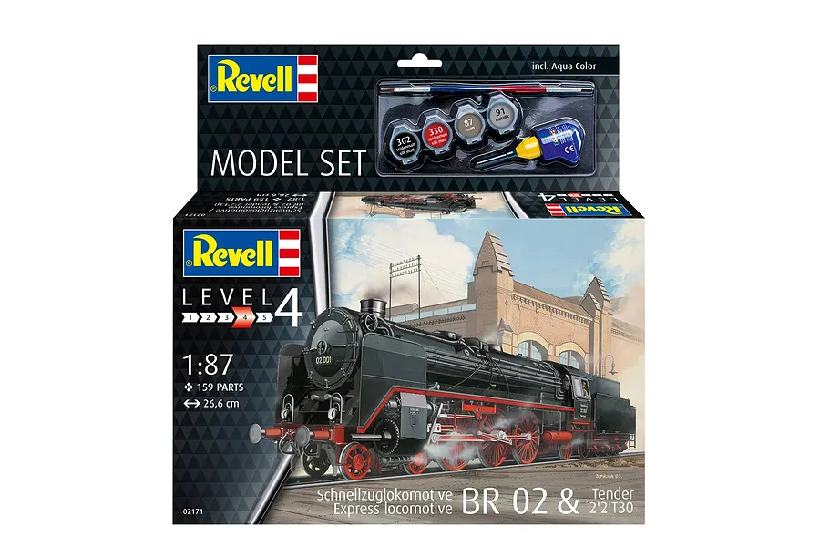 Revell 1/87 scale model kit of a BR02 express train locomotive and tender, featuring included paints, glue, and brush in a display box.