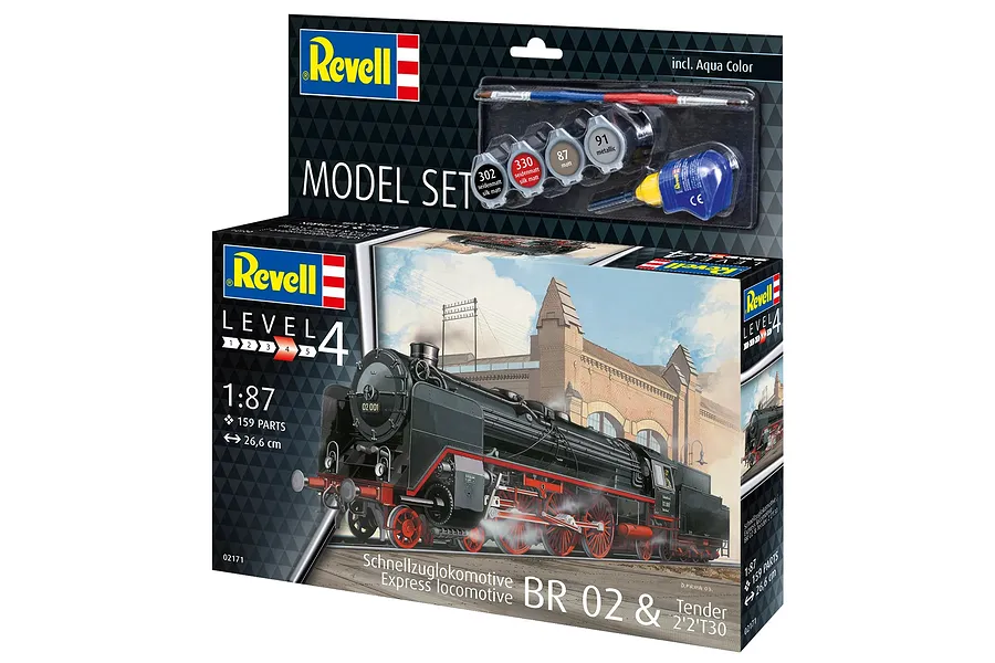 Revell 1/87 scale Express Train Locomotive BR02 &amp; Tender 2'2'T30 model kit box, including paints, brush, and glue.