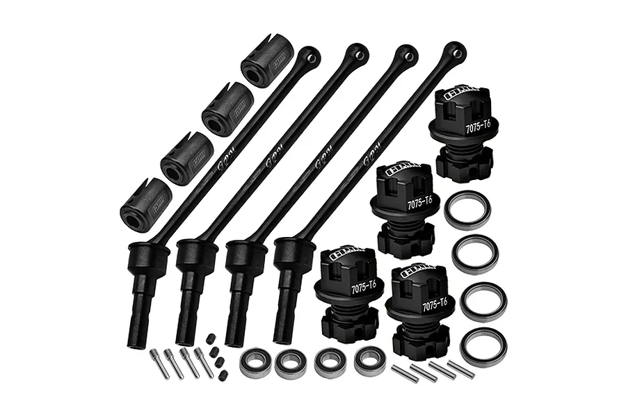 GPM Racing black carbon steel CVD driveshafts, aluminium wheel hexes, nuts, and small hardware components on a white background.