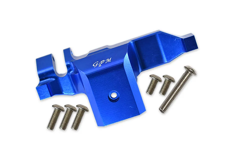 A blue anodized aluminium lower spur gear case cover by GPM Racing with six included mounting screws on a white background.