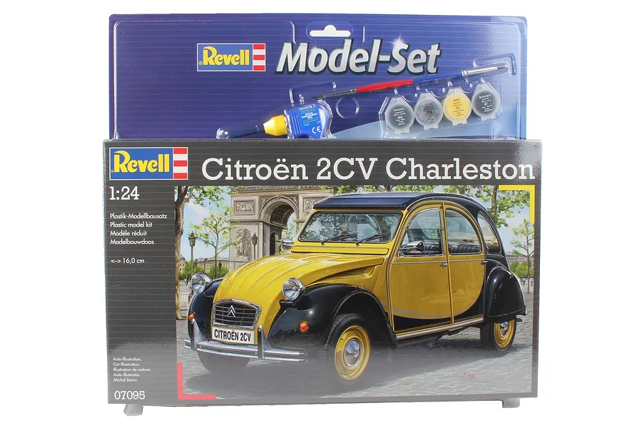 Revell 1/24 scale Citroen 2CV Charleston plastic model starter kit box showing the finished car model and included paint, glue, and brush.