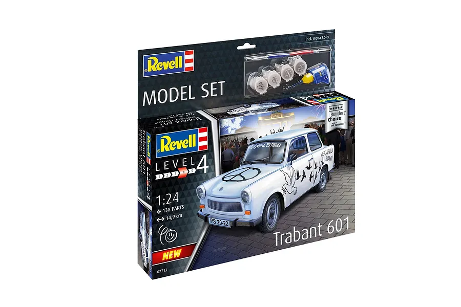 Revell 1/24 scale Trabant 601S Builder's Choice model kit packaging showing a decorated white car with peace symbols and doves.