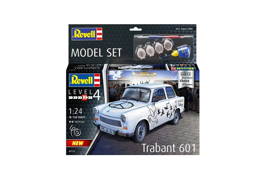 Revell 1/24 scale Trabant 601S Builder's Choice model kit box showing a white car with peace-themed decals on a paved background.