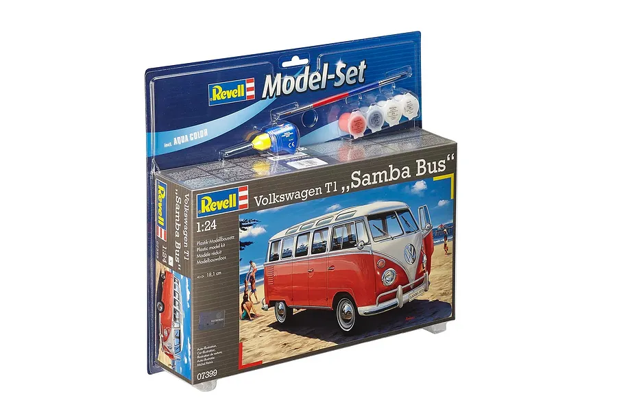 Revell 1/24 scale Volkswagen T1 Samba Bus model starter kit in blister packaging with included paint, glue, and brush.