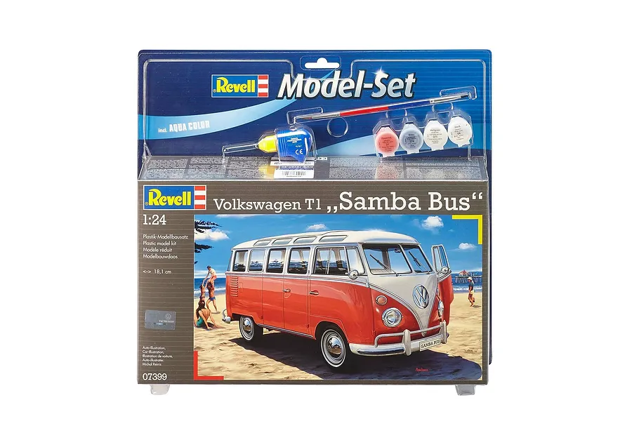 Revell 1/24 scale Volkswagen T1 Samba Bus model kit in original blister packaging with included paint pots and glue.