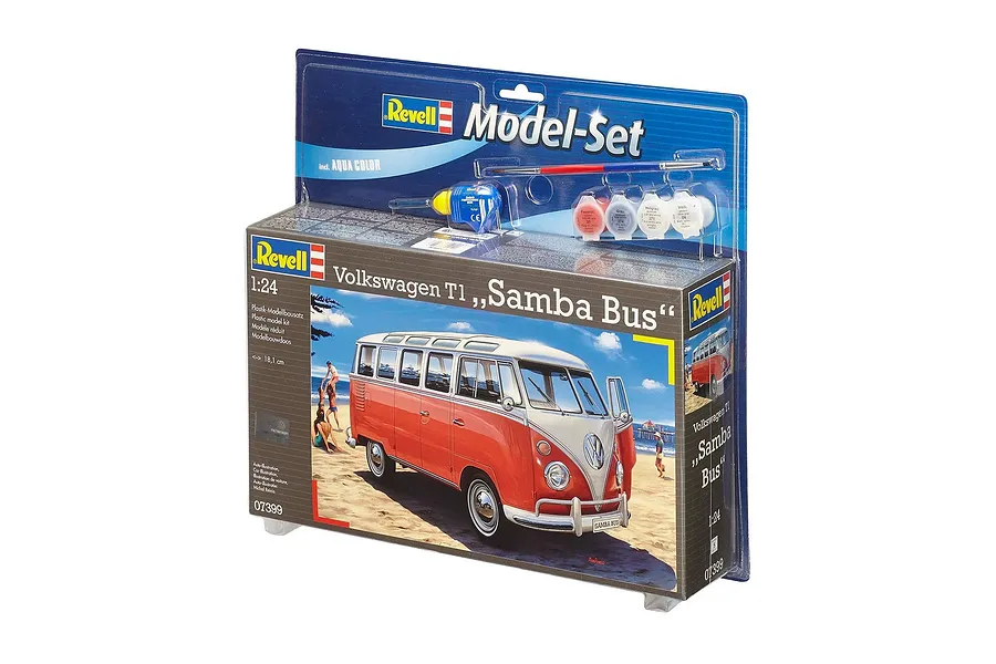 Revell 1/24 scale Volkswagen T1 Samba Bus model kit in blister packaging with included paints, glue, and a paintbrush.