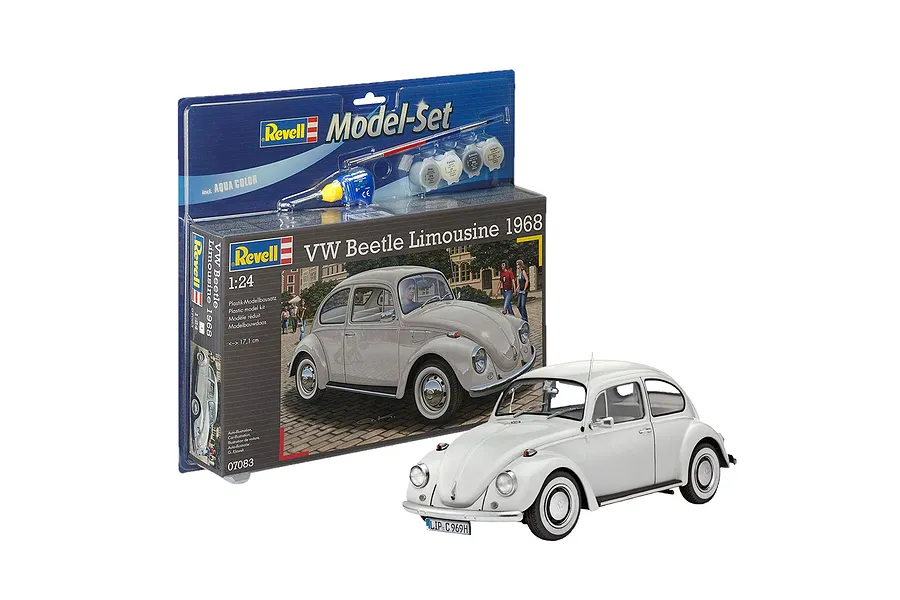 Revell 1/24 scale VW Beetle 1968 model kit in its retail packaging with a fully assembled white model car displayed in front.