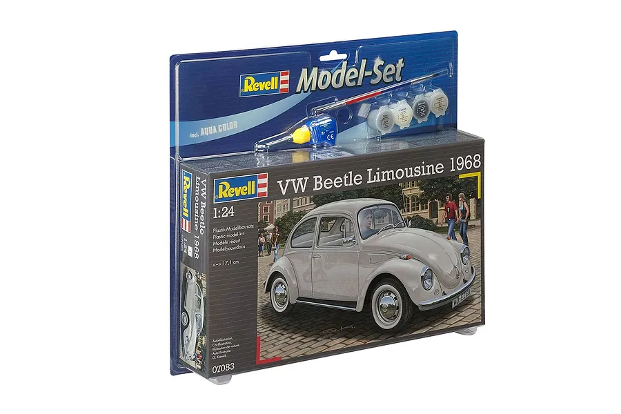 Revell 1/24 scale 1968 VW Beetle Limousine plastic model starter kit in blister packaging with included paint and brush.