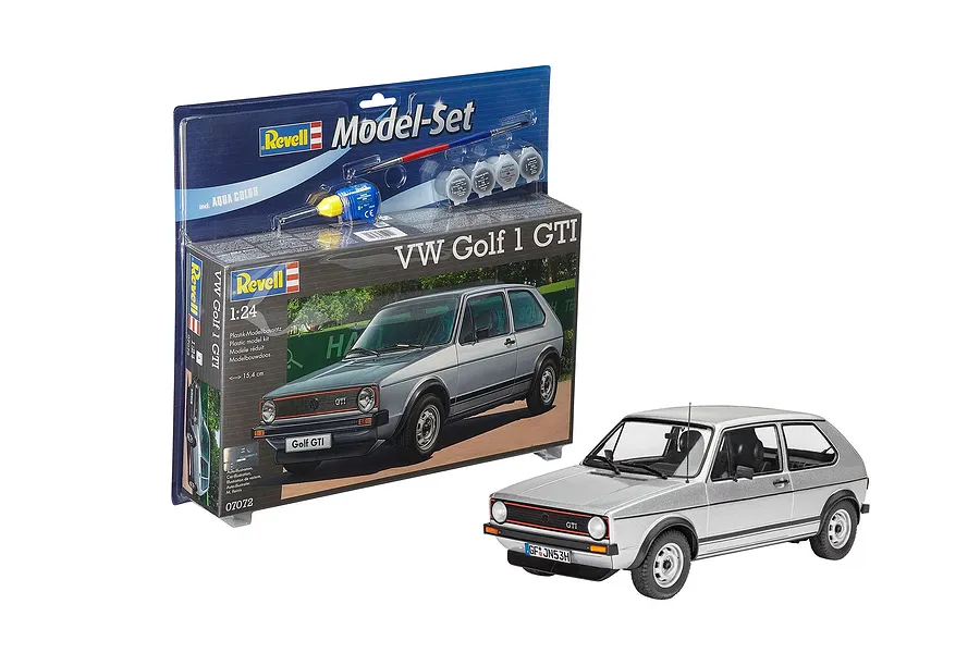 Revell 1/24 scale VW Golf 1 GTI plastic model kit in its original packaging with a finished silver model car displayed in front.