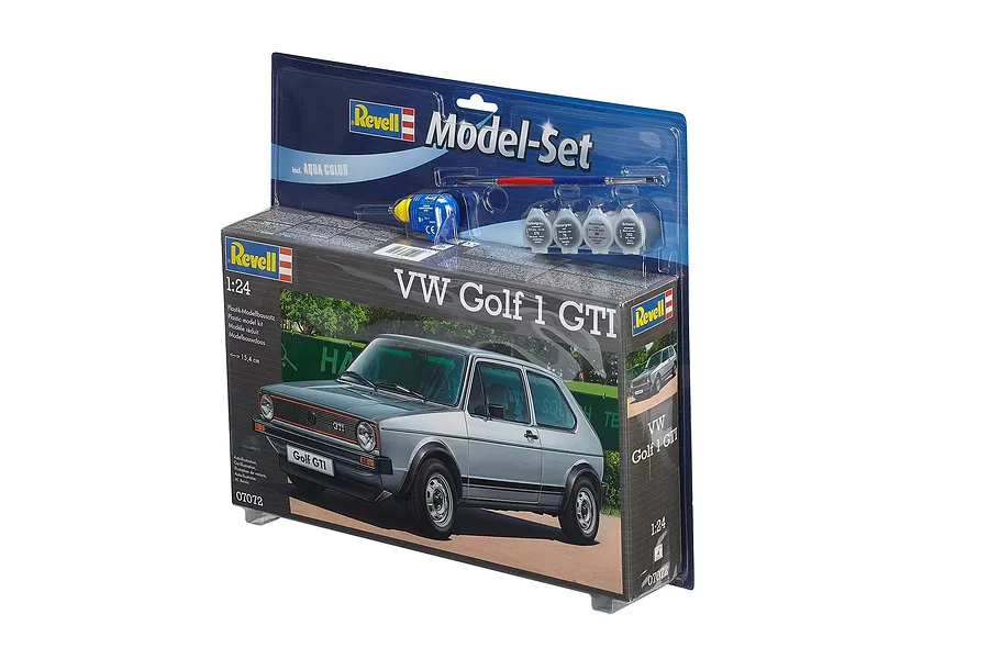 Revell 1/24 scale VW Golf 1 GTI plastic model starter kit in blister packaging, including paint pots, glue, and a paintbrush.