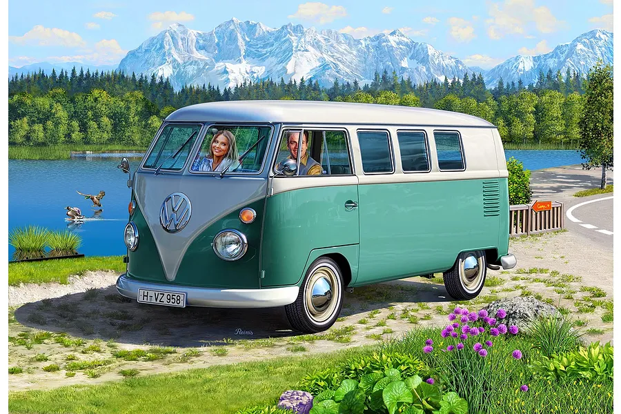 An artistic illustration of a two-tone green and white Volkswagen T1 Bus parked by a lake with mountains in the background.