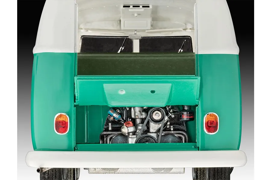 Rear view of a 1/24 scale Revell VW T1 Bus model kit with the engine bay hatch open, revealing detailed engine components.
