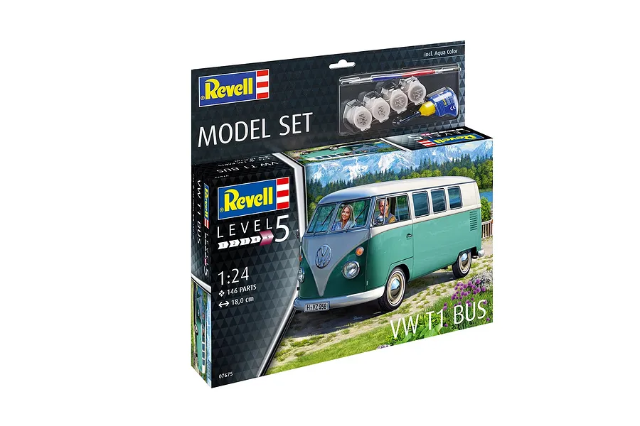 Revell 1/24 scale VW T1 Bus model kit box featuring a green and white van, including paints, glue, and a brush.
