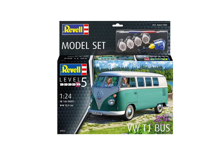 Revell 1/24 scale VW T1 Bus plastic model kit box showing the finished model, paints, and glue included in the starter set.