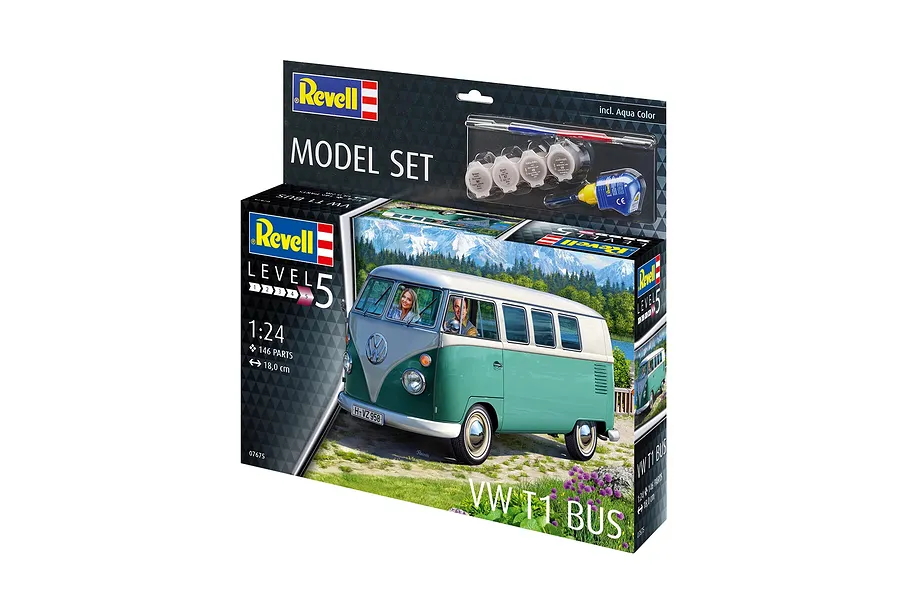 Revell 1/24 scale VW T1 Bus plastic model kit box showing the finished model, paints, glue, and brush included.