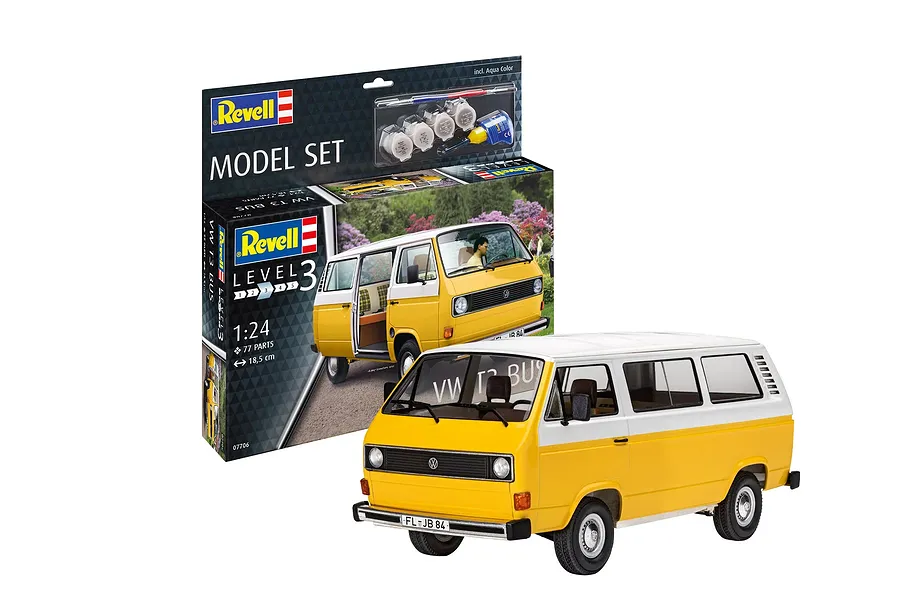 Revell 1/24 scale VW T3 Bus plastic model kit box and a fully assembled yellow and white model van.