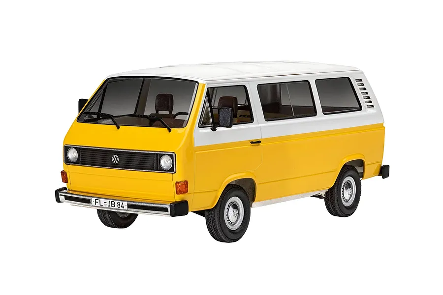 A 1/24 scale model of a yellow and white Volkswagen T3 bus, viewed from the front three-quarter angle against a white background.