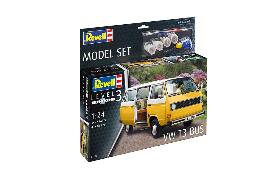 Revell 1/24 scale VW T3 Bus plastic model starter kit box showing a yellow and white camper van model.